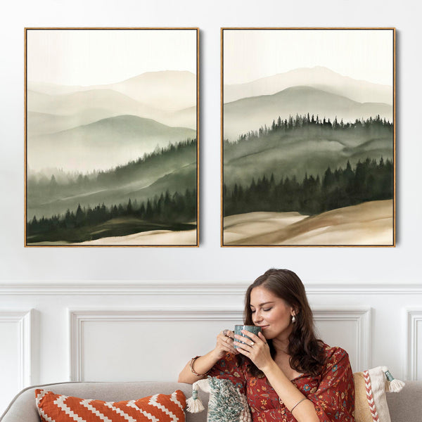Large Sage Green Cream Framed Pair Canvas Wall Art - Set of 2