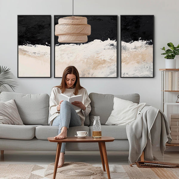 Set of 3 Neutral Beige Black Framed Canvas Wall Art Abstract Wave