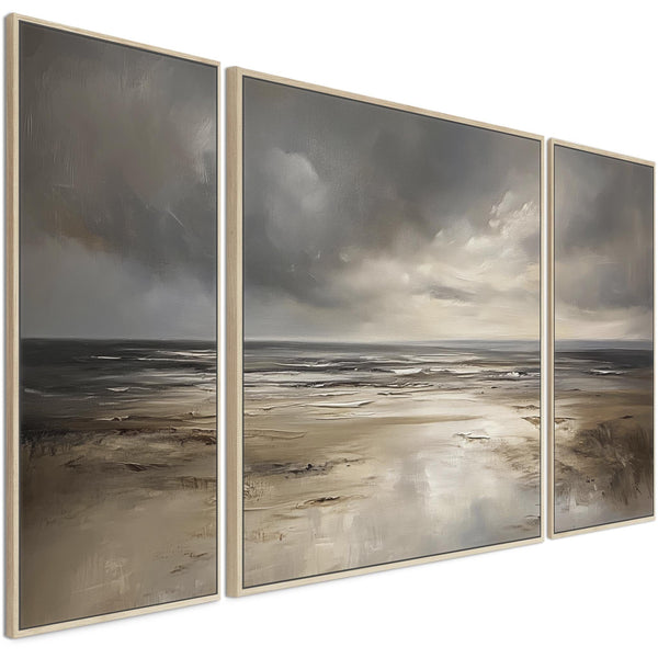 Extra Large Grey Neutral Set of 3 Framed Canvas Abstract - Dream Horizon