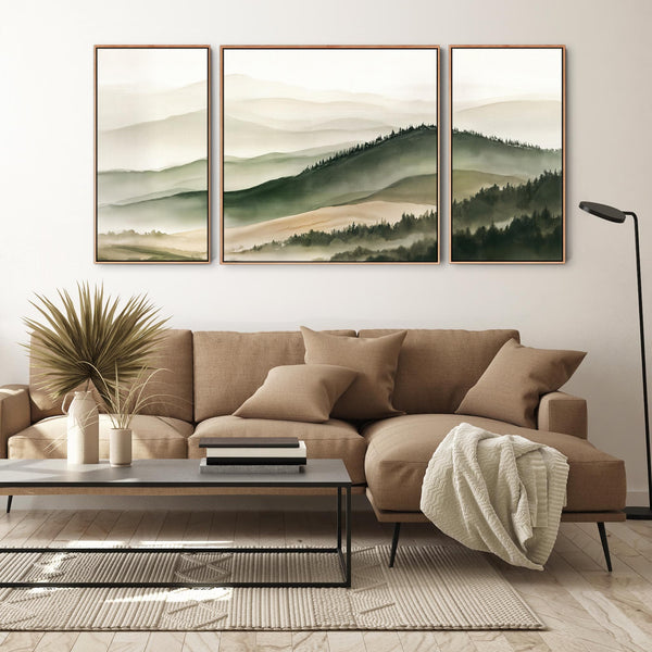 Extra Large Set 3 Framed Canvases Highland Green Misty Forest