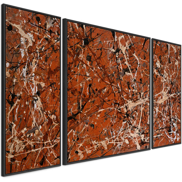 Extra Large Jackson Pollock Style Set 3 Framed Canvases - Rust