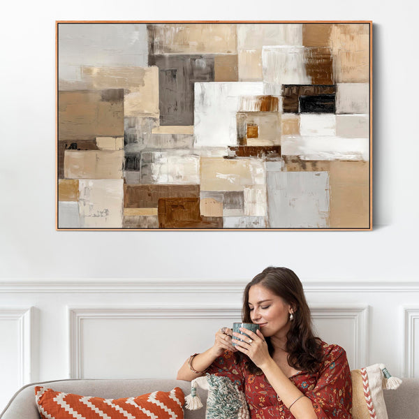 Soft Brown Cream Framed Canvas Picture - Warm Harmony Contrast