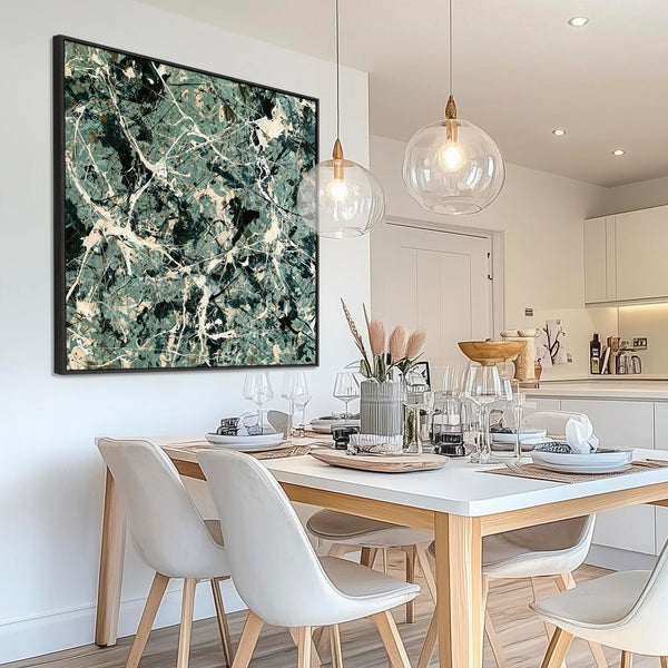 Green Abstract Framed XL Artwork Canvas - Jackson Pollock Style