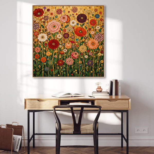 Bright Colourful Gustav Klimt inspired Framed Floral Canvas Art