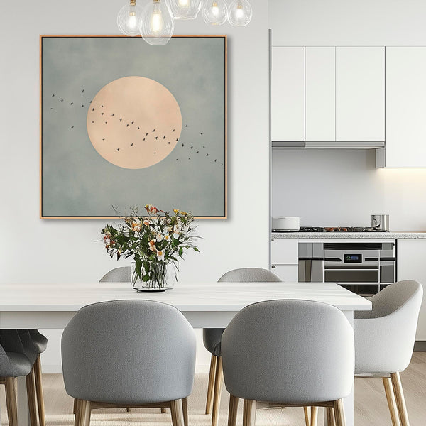 Framed Duck Egg Blue Japandi Canvas Wall Art Moon Birds