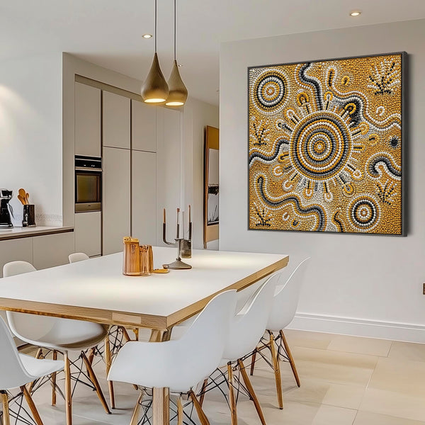 Mustard Yellow Abstract Framed Aboriginal Canvas Artwork - Biralla