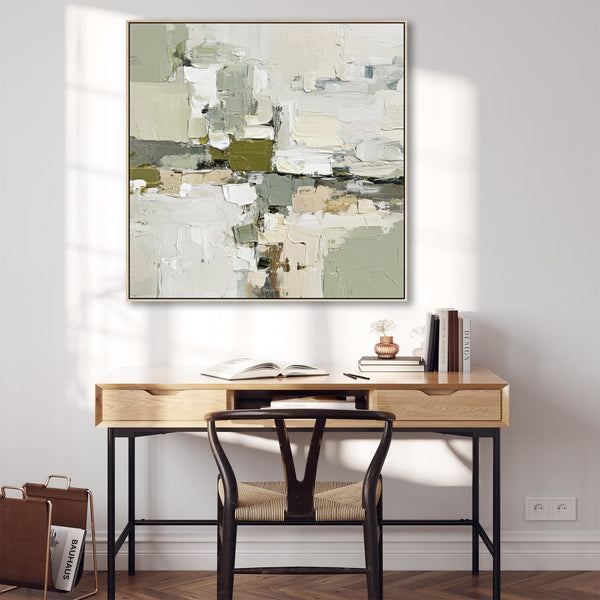 Abstract Green White Painting - 1 - Framed Contemporary Canvas Art