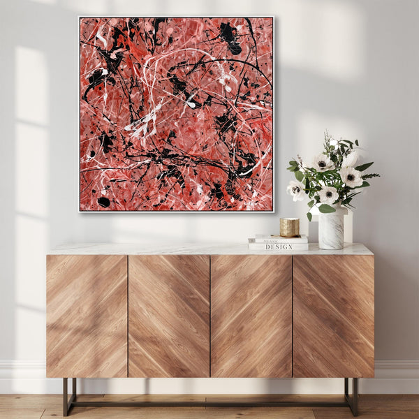 Large Salmon Red Pink Framed Canvas Art Jackson Pollock Style