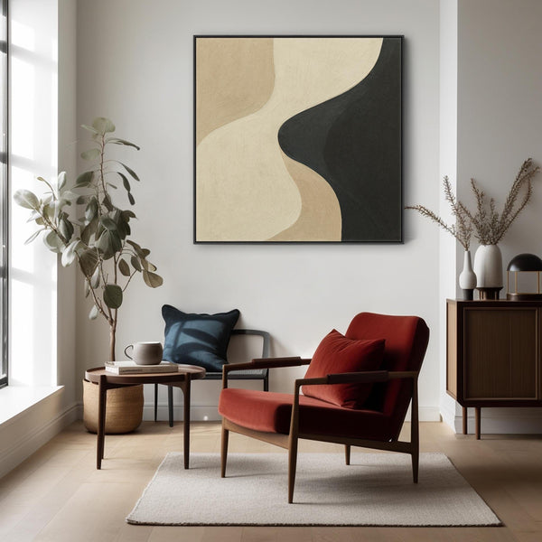 Beige Black Abstract Artwork Canvas Framed - Neutral Harmony