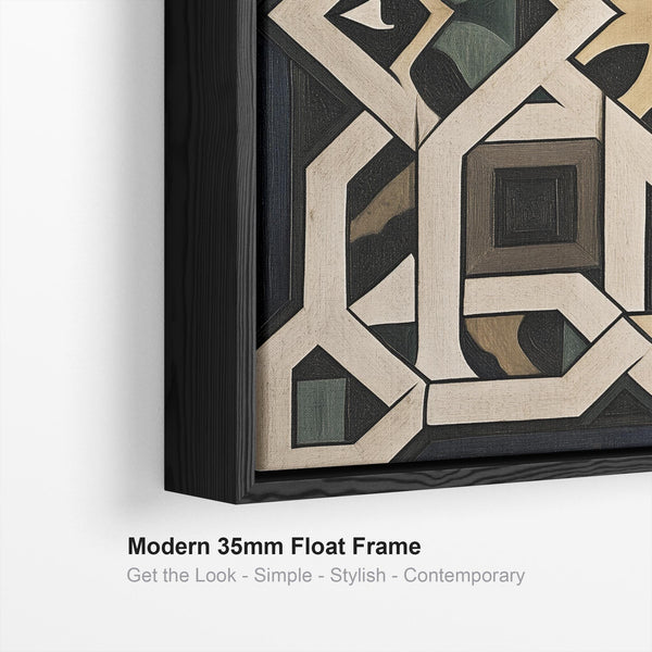 Riad Moroccan Moorish Framed Canvas Art - Black Cream Abstract