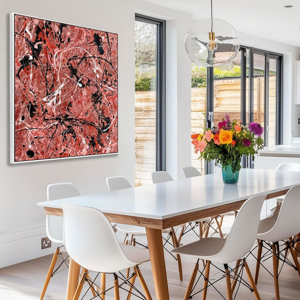 Large Salmon Red Pink Framed Canvas Art Jackson Pollock Style