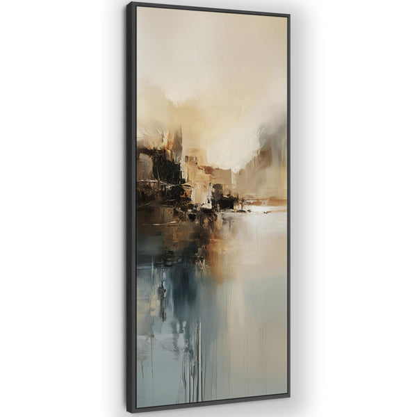 Teal Gold Framed Vertical Wall Art Canvas - Misty Calm
