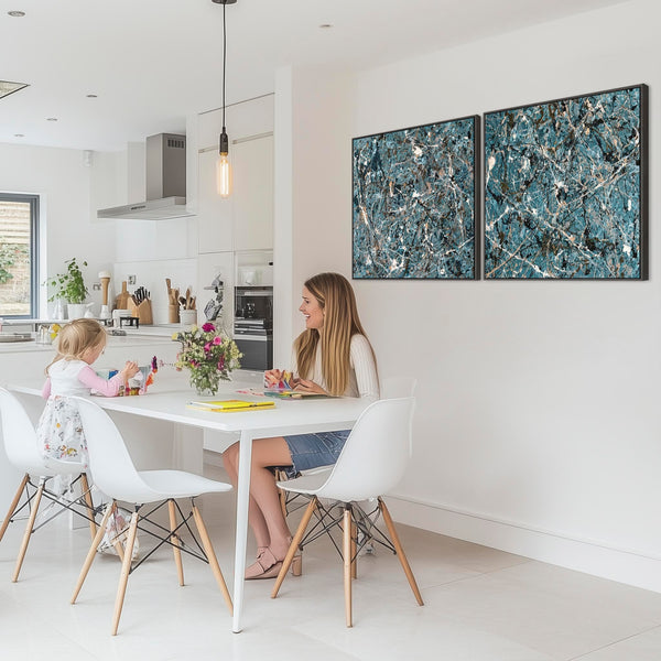 Extra Large Teal Jackson Pollock Inspired Pair Framed Canvases
