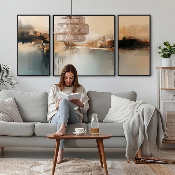 Extra Large Set of 3 Abstract Teal Reflections Tri on Canvas
