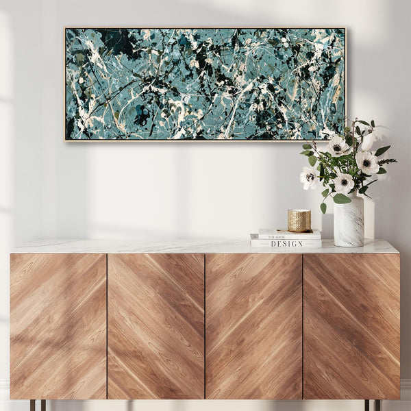Wide Framed Bedroom Artwork Canvas Teal Green Splash over Bed