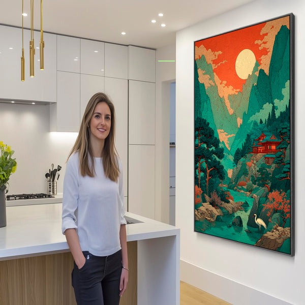 Large Japanese Style Landscape Artwork Framed Terracotta Mountain