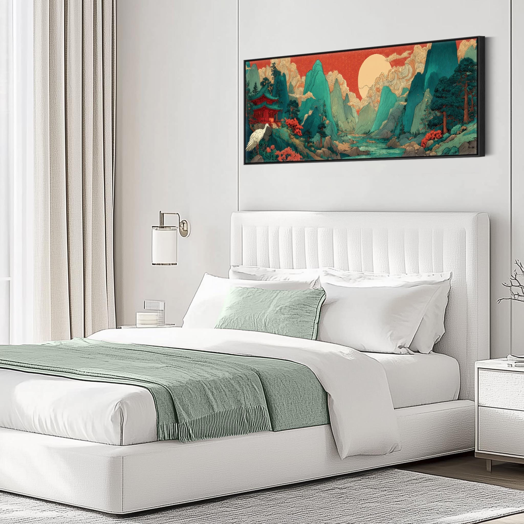 Wide Japanese Horizontal Framed Artwork - Terracotta Teal Mountain