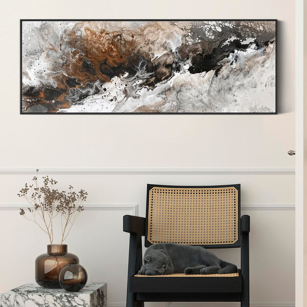 Wide Long Brown White Wall Art - Tempest - Framed Abstract Artwork