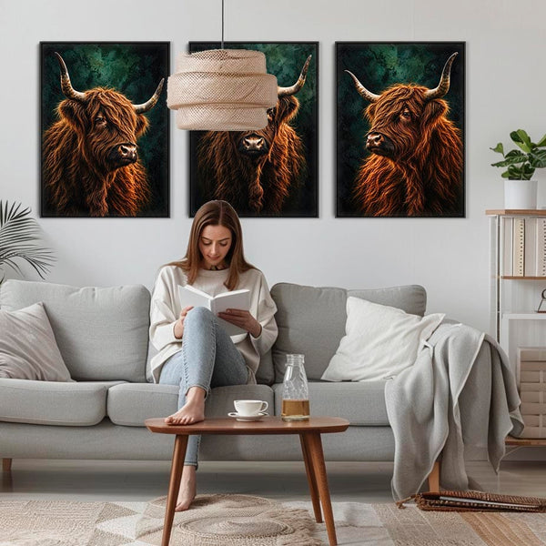 The Clan - Highland Cows - Unique Framed Canvases - Set of 3