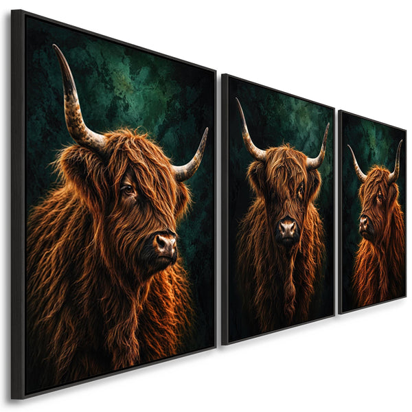 The Clan - Highland Cows - Unique Framed Canvases - Set of 3