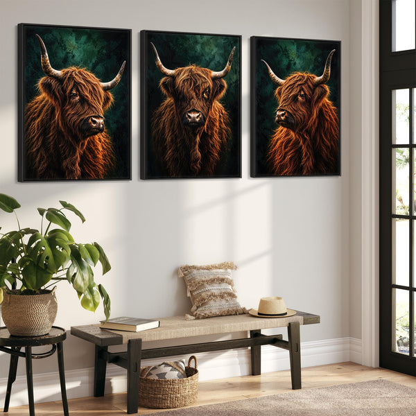 The Clan - Highland Cows - Unique Framed Canvases - Set of 3