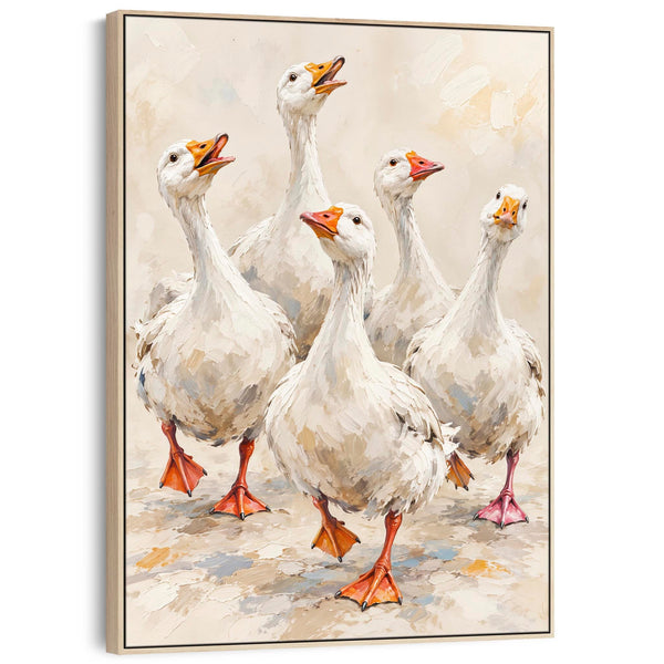 The Gaggle - Farmyard Geese - Framed Kitchen Wall Art Canvases