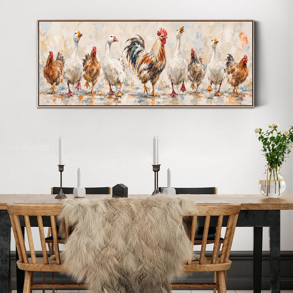 The Gossips - Wide Kitchen Wall Art Canvas - Farmyard Birds