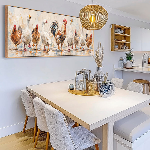 The Gossips - Wide Kitchen Wall Art Canvas - Farmyard Birds