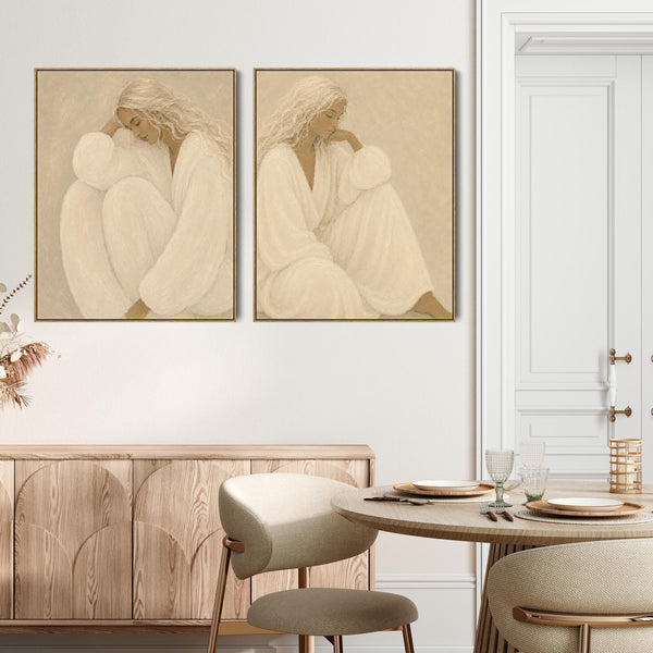 Pair of Framed Bedroom Art - Thoughtful Moment - Neutral Beige - Set of 2