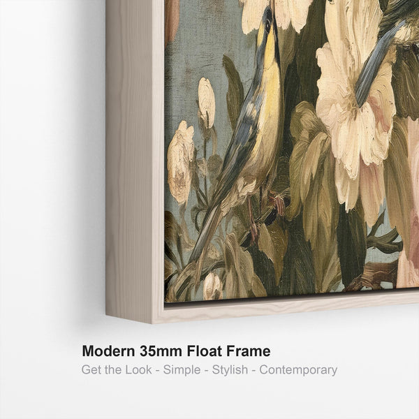 Wide Bedroom Framed Canvas Art over Bed Vintage Birds Flowers