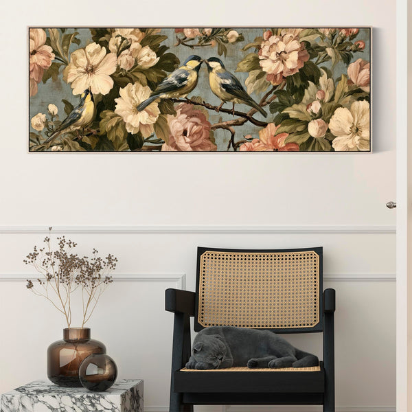 Wide Bedroom Framed Canvas Art over Bed Vintage Birds Flowers