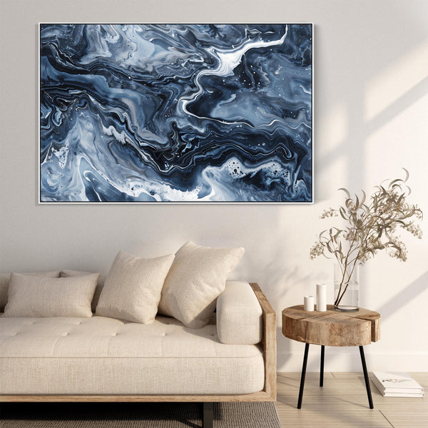 Blue White Framed Abstract Artwork Canvas XL - Deepflow