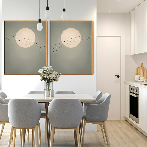 Framed Set of 2 Canvas Artwork Japandi Moon Birds - Migration