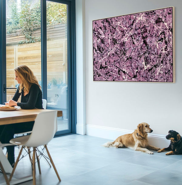 Large Mauve Purple Cream Framed Canvas - Jackson Pollock Style