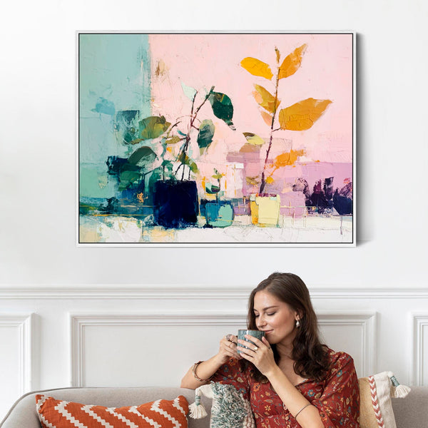 Abstract Colourul Floral - Pink Green Framed Canvas Art Print