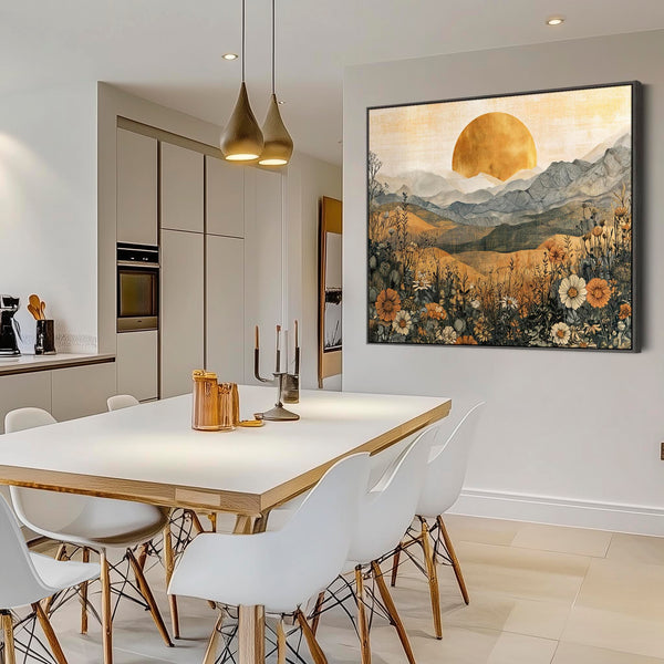 Ochre Orange Grey Landscape - Boho Sunrise Framed Canvas Art