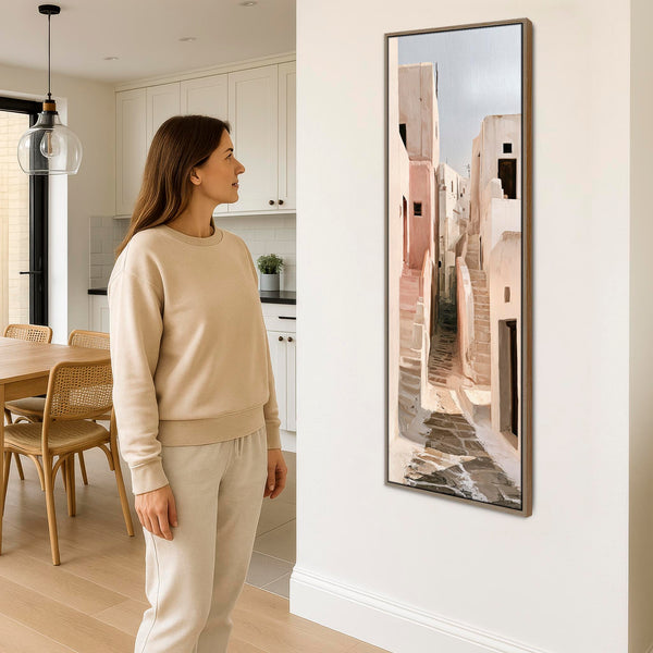 Tall Neutral Cream Brown Framed Narrow Wall Art - Mykynos Steps