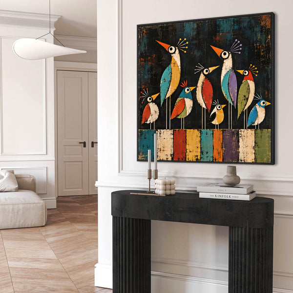 Large Colourful Unique Framed Canvas - Whimsical Birds on Wire