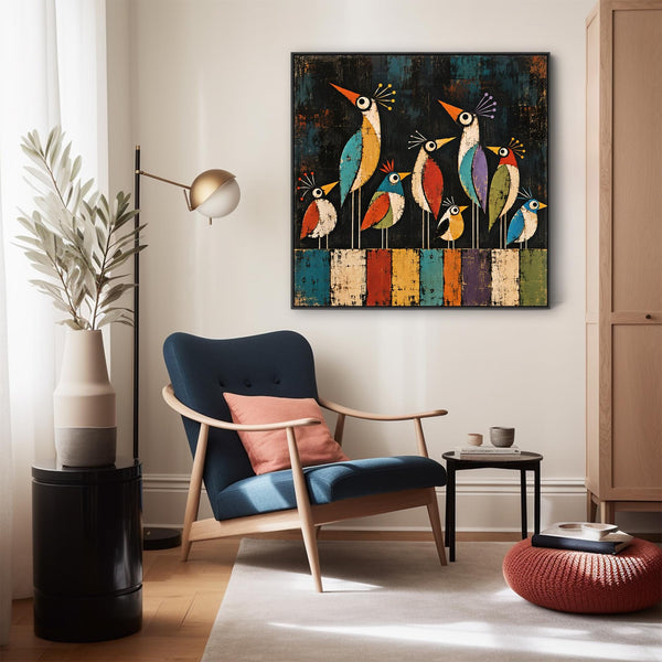 Large Colourful Unique Framed Canvas - Whimsical Birds on Wire