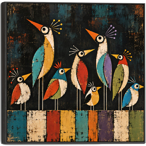 Large Colourful Unique Framed Canvas - Whimsical Birds on Wire