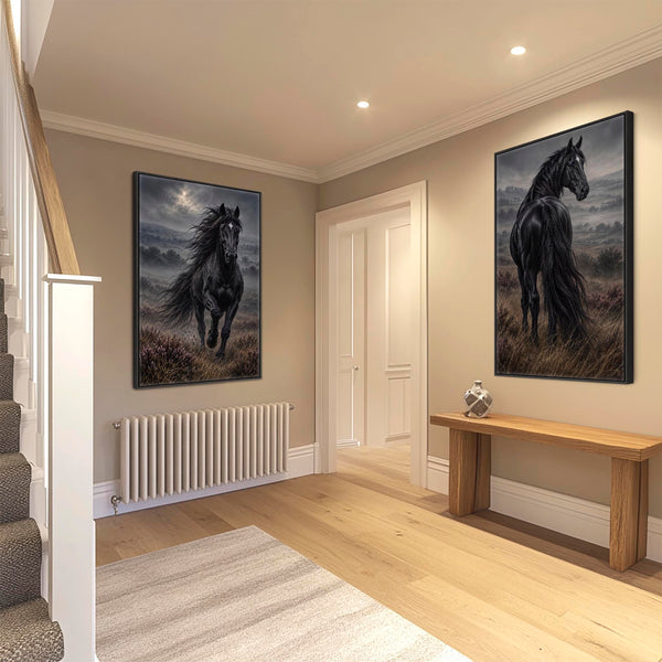 Black Friesian Horses - Majestic - Framed Pair Canvases Set 2