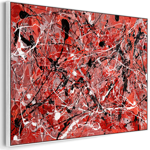 Large Bright Red Black Framed Jackson Pollock Style Canvas Art