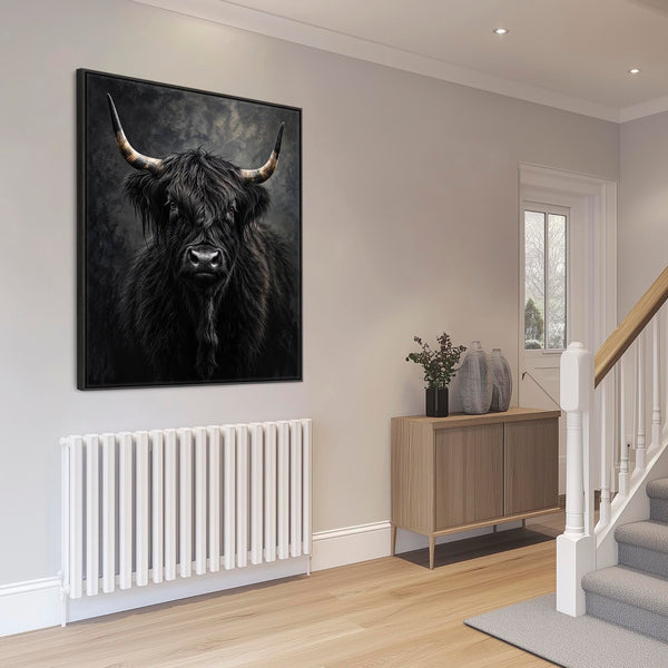 Hamish - Black and Cream Highland Cow - Framed Canvas Art Print