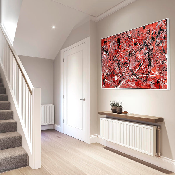 Large Bright Red Black Framed Jackson Pollock Style Canvas Art