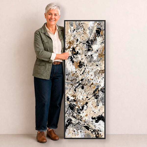 Tall Framed Vertical Canvas - Neutral Cream Black Hallway Art
