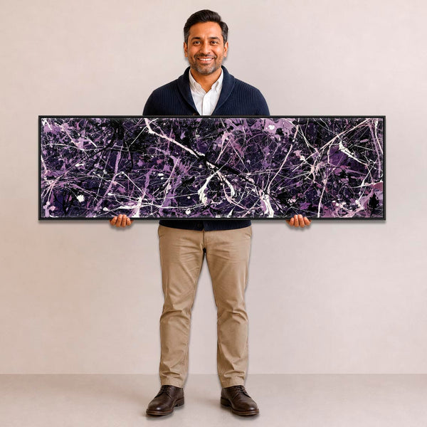 Wide Deep Purple Aubergine Framed Canvas Jackson Pollock Style