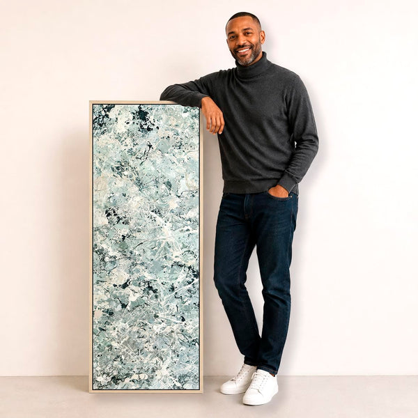 Tall Sage Green Vertical Canvas Art Jackson Pollock Inspired