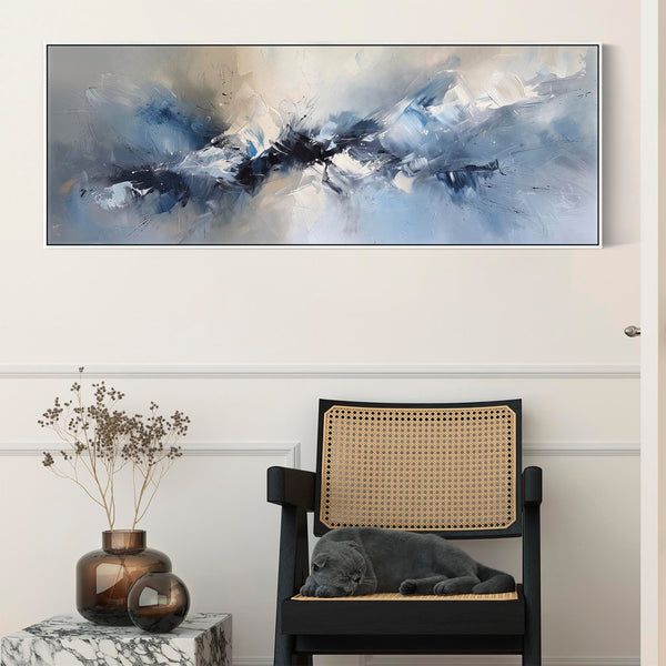 Blue White Abstract Canvas Pictures Framed Wide Panoramic - Harmony
