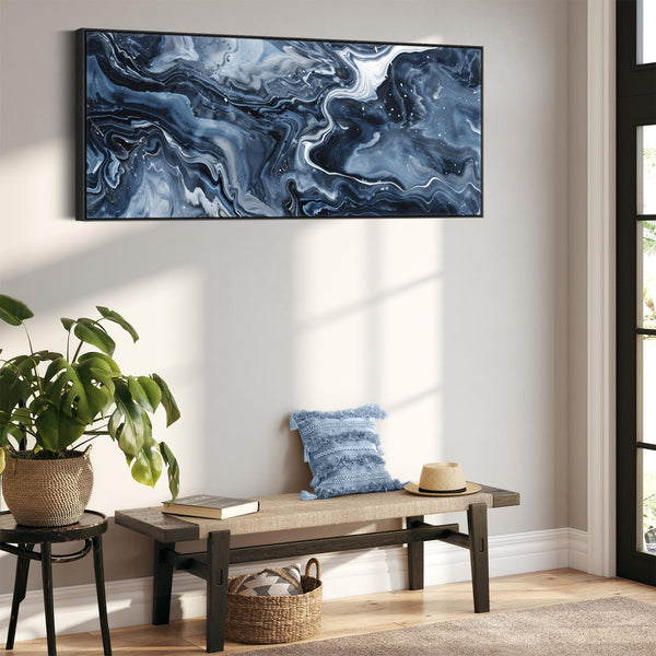 Blue White Abstract Artwork Framed Wide Panoramic - Ocean Sway