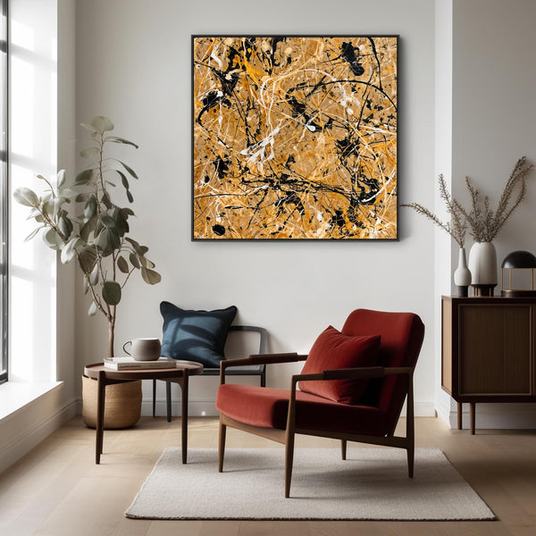 Large Square Jackson Pollock Style - Framed Mustard Wall Art